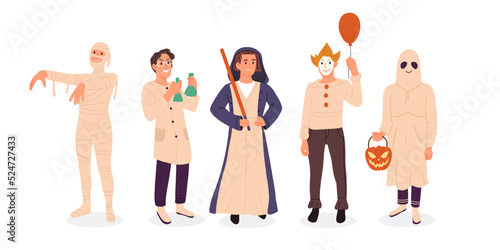 Halloween party event mummy, clown and ghost cartoon characters. People wearing masquerade costumes, spooky holiday party costumes flat illustration set. Trick or treat masquerade