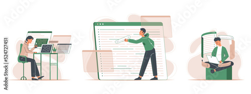 Software engineers, IT developers and programmers characters. People script coding and testing, python programming developers flat vector illustration set. Outline software engineers