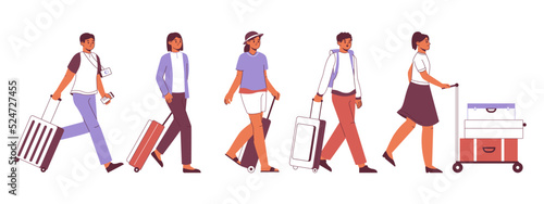 Walking tourist characters, travellers hurry with suitcase and backpack. Flat travellers people, tourist in airport or railway station vector illustrations set. Travellers scene
