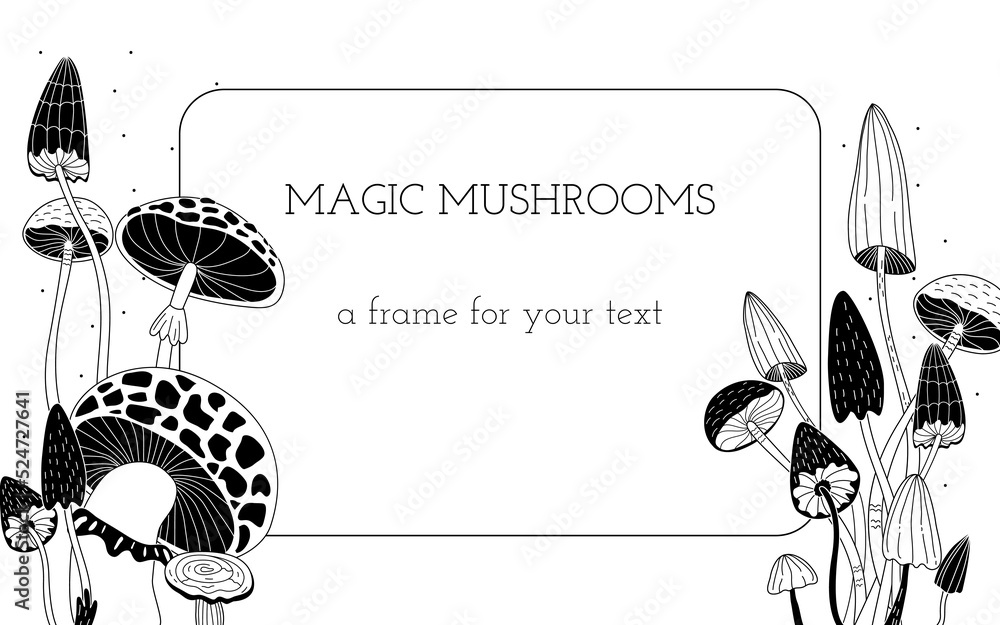 Obraz premium Mushroom magic. Frame template for your text. Doodle style.