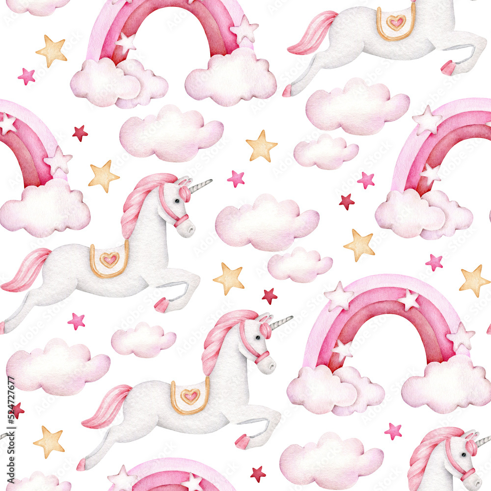 pattern with unicorn, rainbow, clouds, stars.
pattern with unicorn, rainbow, clouds, stars.