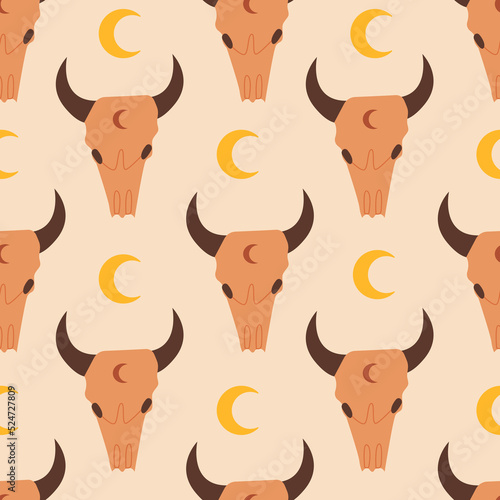 Seamless pattern with bull skull and crescent moon. Vector flat background in wild west, western concept.