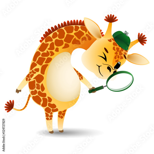 cute cartoon detective little giraffe looking for items with a magnifying glass on white background. funny animal in search . vector cartoon character illustration.