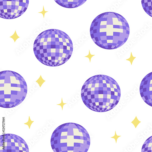 Seamless vector pattern with disco balls and stars. Vector flat background. Party, celebration, psychedelic, hippie concept.