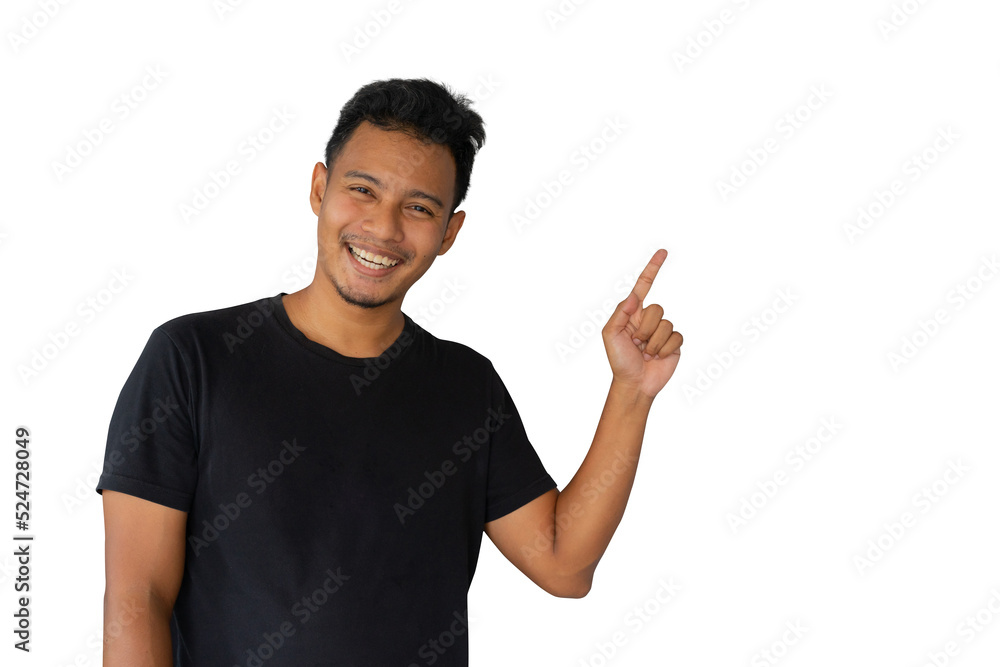 Fototapeta premium close up asian man smile during make hand gesturing (add content) isolated on white color background for business lifestyle and design concept