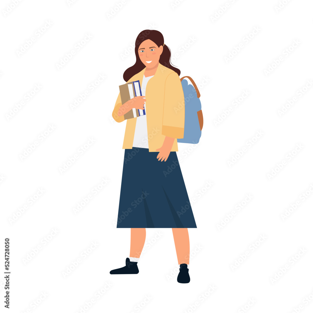 Smiling school girl with books and backpack back to school concept