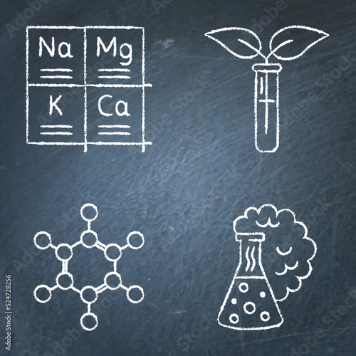 Chemistry science icon set on chalkboard