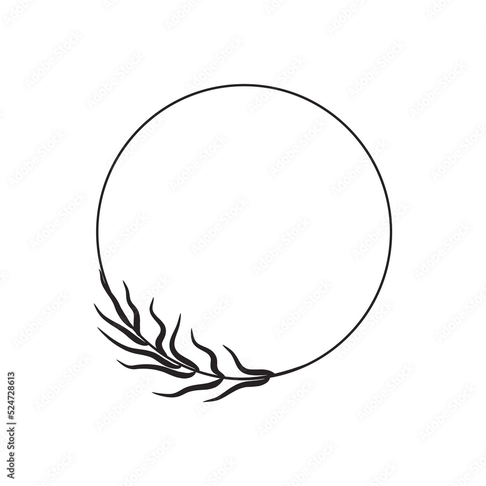 Delicate, elegant, round wreath in a minimalist style. Line art, a circle with a curly single branch, thin leaves. Monogram frame, logo, spiritual emblem, tag. Neat border design, vector illustration Delicate, elegant, round wreath in a minimalist style. Line art, a circle with a curly single branch, thin leaves. Monogram frame, logo, spiritual emblem, tag. Neat border design, vector illustration