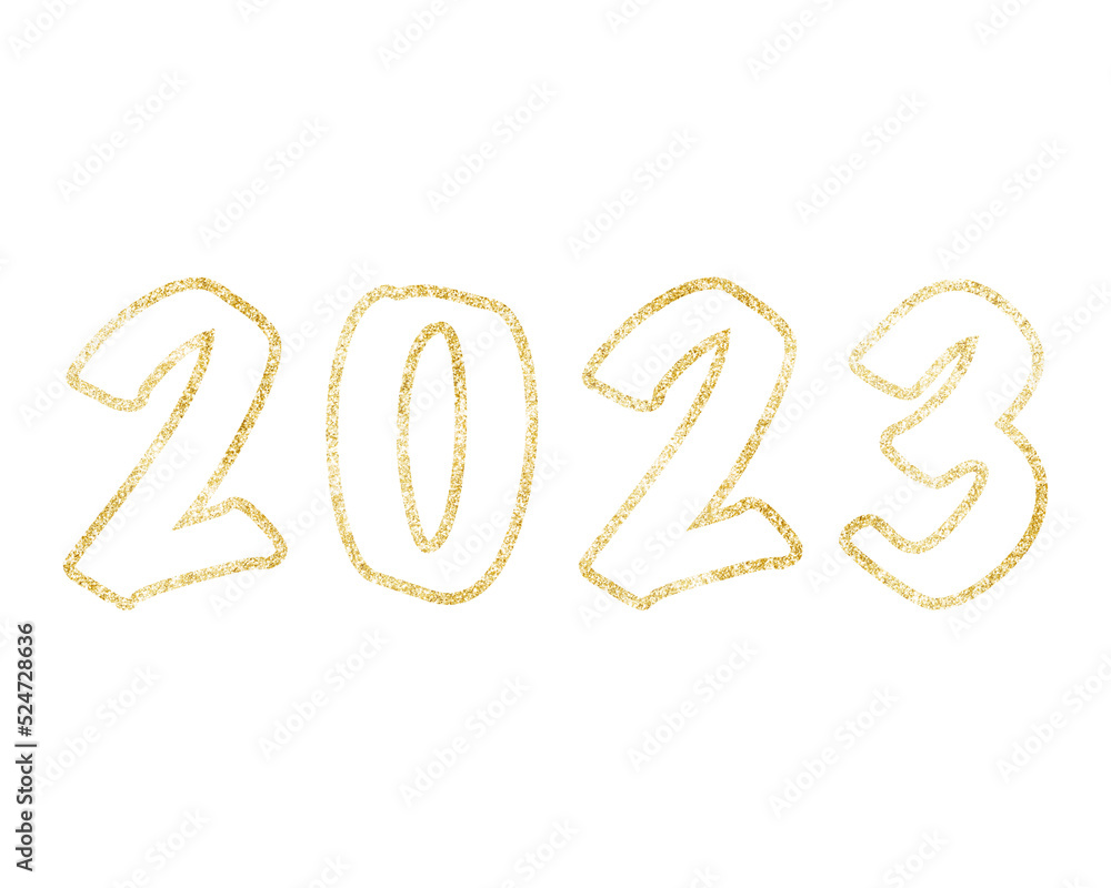 Happy New Year 2023, outline text. Golden numbers, gold texture. Isolated png illustration, transparent background. Asset for overlay, montage, collage, greeting, invitation card. Happy New Year 2023, outline text. Golden numbers, gold texture. Isolated png illustration, transparent background. Asset for overlay, montage, collage, greeting, invitation card.