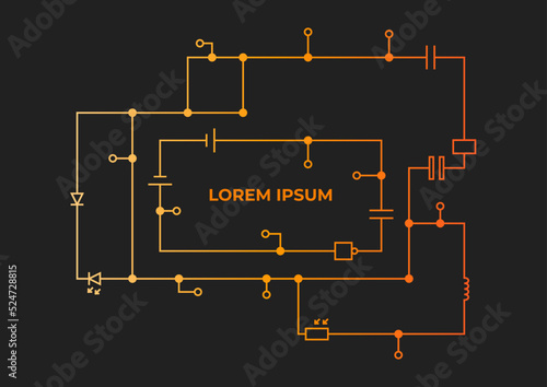 Template of a circuit drawing with inscription on a dark background. Background illustration for scientific and technical articles. photo