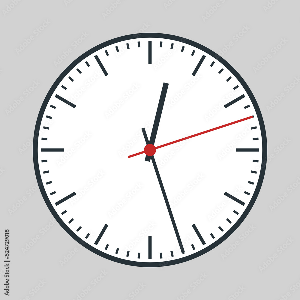 Round analogue clock with red second hand and white dial. Vector EPS10. Round analogue clock with red second hand and white dial. Vector EPS10.