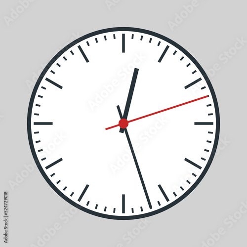 Round analogue clock with red second hand and white dial. Vector EPS10.