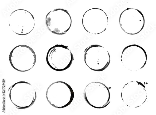 Coffee cup circle black vector stains. Round ring grunge stain. Wet cup mark and splatter. Black ink circle stains. Bottle glass or water drink marks