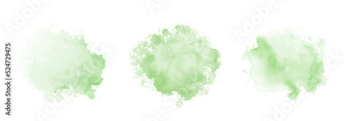 Set of abstract green watercolor water splash on a white background. Vector watercolour texture in salad color. Ink paint brush stain. Green splatters spot. Watercolor pastel splash