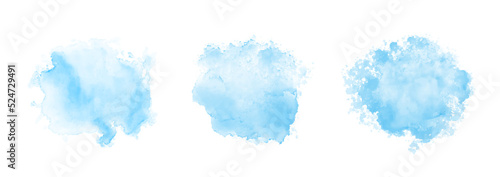 Abstract pattern with blue watercolor clouds on white background. Cyan watercolour water brash splash texture. Set of vector pastel color paint stain. Blue watercolor background photo