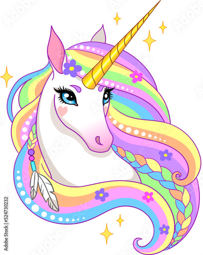 Magical unicorn with colorful mane. Cartoon vector illustration