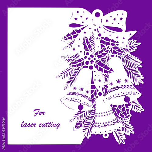 Christmas bells with holly, fir branches and ribbon. For design and postcards, invitations, envelopes, menus, etc. Template for laser cutting. For cutting from any materials. Vector