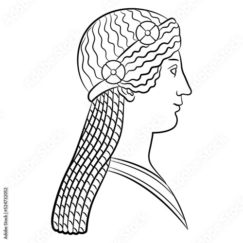 Goddess Isis from Pompeii. Roman Egyptian goddess. Female portrait. Profile of a beautiful antique woman. Black and white linear silhouette.