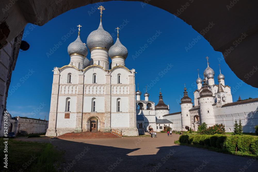 View through the arch on the Assumption Cathedral in Rostov, Russia.