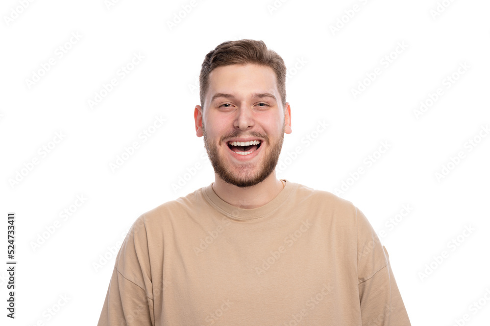 Portrait of handsome young man with happy smiling face standing over white background. Cheerful caucasian male with beard wearing casual beige sweater. Portrait of handsome young man with happy smiling face standing over white background. Cheerful caucasian male with beard wearing casual beige sweater.
