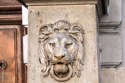 Lion's head on the wall of a building in Budapest. Hungary