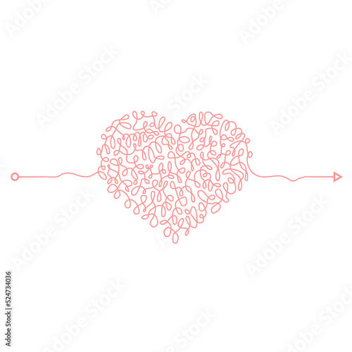 Heart Chaotic Doodle. Thread Clew Knot. Insane Messy Line. Complicated Clew Way. Tangled Cribble Path. Difficult Process.