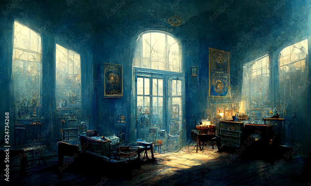 old abandoned blue room , cinematic moody atmospher , digital illustration,