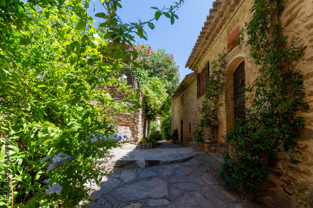 Vieille ruelle pittoresque du village de Bormes-les-Mimisas, France, dans le département français du Var, en région Provence-Alpes-Côte-d'Azur
