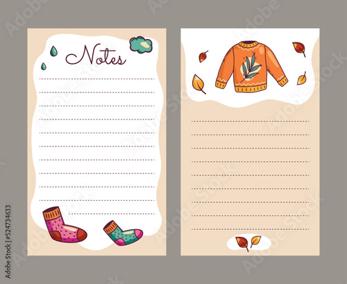 A template for notes made of clean paper, a cozy cardigan, wool socks. A set of vector sheets for notebooks in Scandinavian style autumn winter