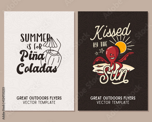 Camping flyer templates. Travel adventure posters set with line art and flat emblems and quotes - summer is for pina colada. Summer A4 cards for outdoor parties. Stock vector
