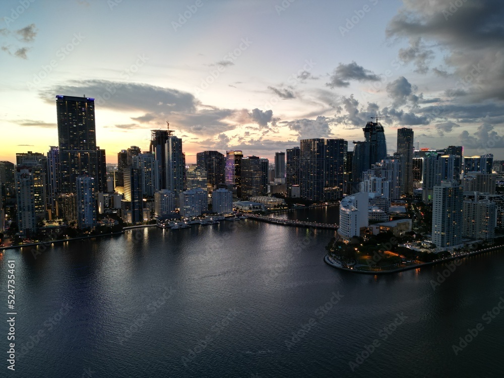 Miami downtown skyline by drone at sunset