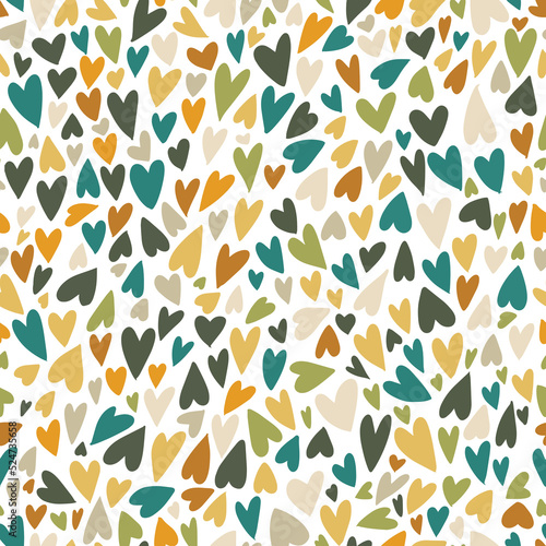 seamless pattern background with many small hand drawn doodle hearts. Cute autumn fall warm earthy color palette backdrop. Romantic naive neutral textile print design