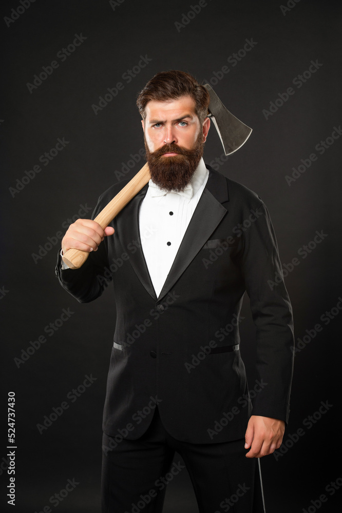 Well bearded and moustached. Bearded man carry hatchet. Axe shave and haircut. Barbershop Well bearded and moustached. Bearded man carry hatchet. Axe shave and haircut. Barbershop