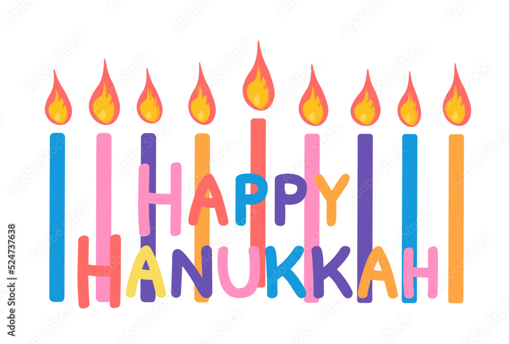 Happy Hanukkah celebration card. Colorful candles with flame and text isolated on white background. Vector illustration in flat cartoon style 