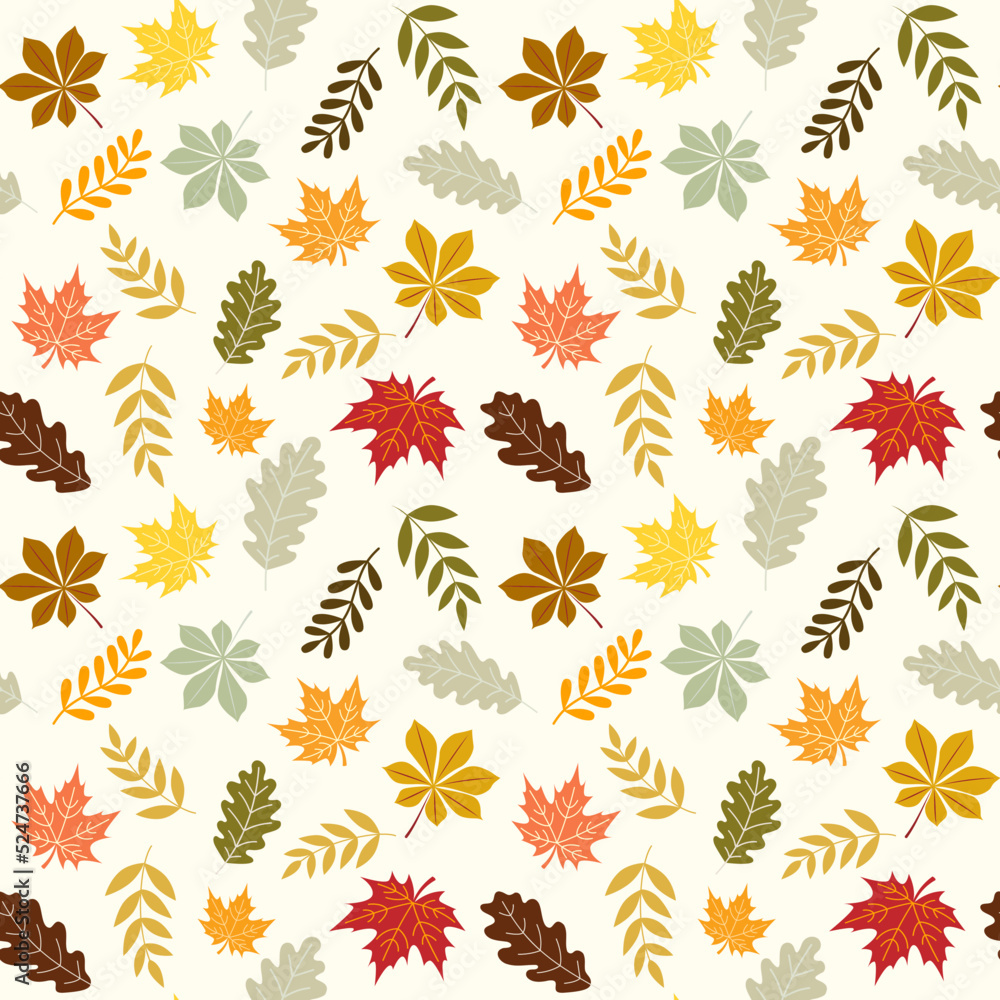 Seamless Autumn pattern with leaves, Nature design, Fall maple, oak, chestnut leaves for decoration, Perfect for scrapbooking background, textile and wallpaper, Hand drawn vector elements