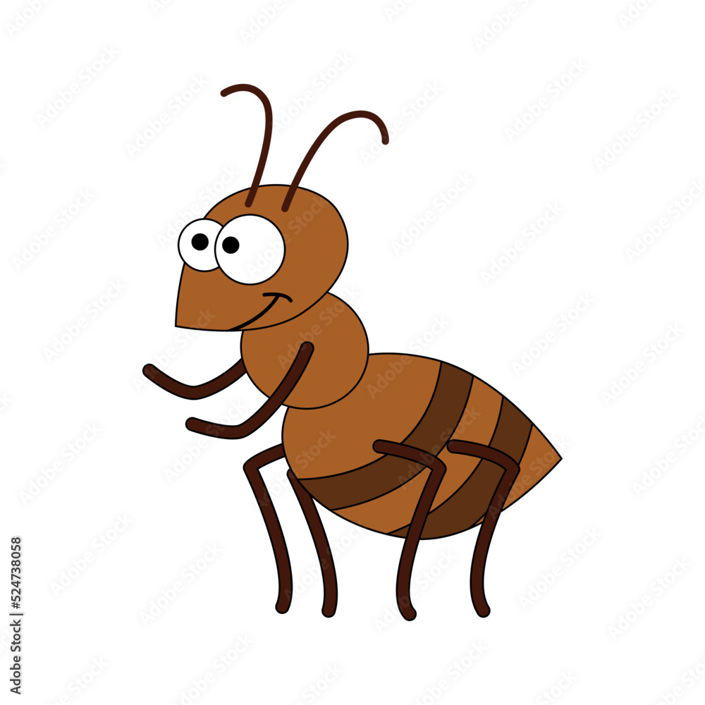 Cute cartoon Ant. A letter for Ant. Vector illustration of a flat isolated on a white background. The design element of t-shirts, home textiles, wrapping paper, children's textiles, and flashcards.