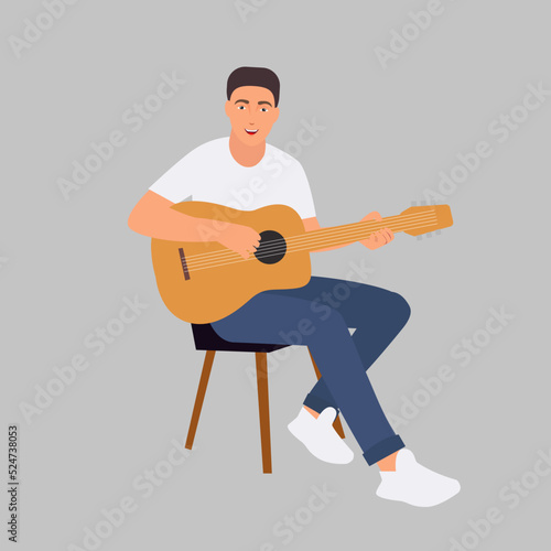 Guitar player singing song and playing an acoustic guitar. Vector cartoon illustration.