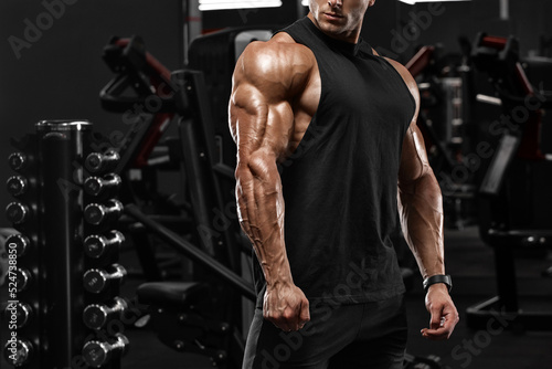 Картината върху платно Muscular man in gym, triceps muscles. Strong male