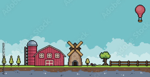 Pixel art farm landscape with barn, mill, silo, fence, trees background vector for 8 bit game
