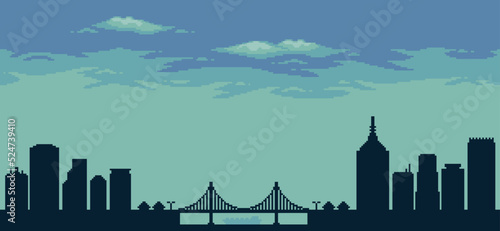 Pixel art city background blue
with buildings, constructions, bridge and cloudy sky for 8bit game