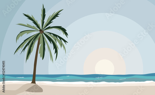 tropical beach landscape with palm and ocean vector illustration