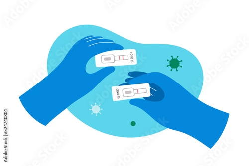 Rapid covid test result, holding express testing kits with positive and negative results, two red stripes, lateral flow analysis for coronavirus infection, performing medical exam, vector illustration