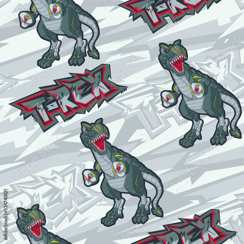 T rex seamless pattern. Robot dinosaur repeat background. Robotically dino endless ornament with graffiti text.