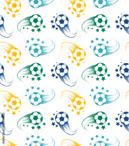 Abstract seamless football pattern with Soccer ball and stars. Sportish repeated backdrop for boy,  textile, clothes, wrapping paper.