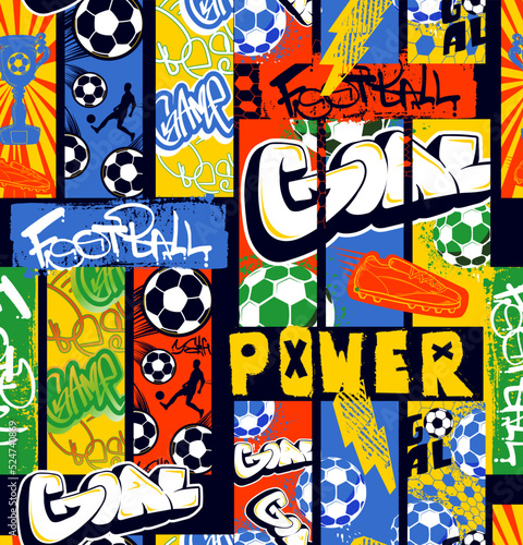 Abstract seamless football pattern with soccer ball,  players men, grid, lightning, graffiti words, winner cup. geometric sport repeat print. Sportish repeated backdrop for boy clothes, wrapping paper