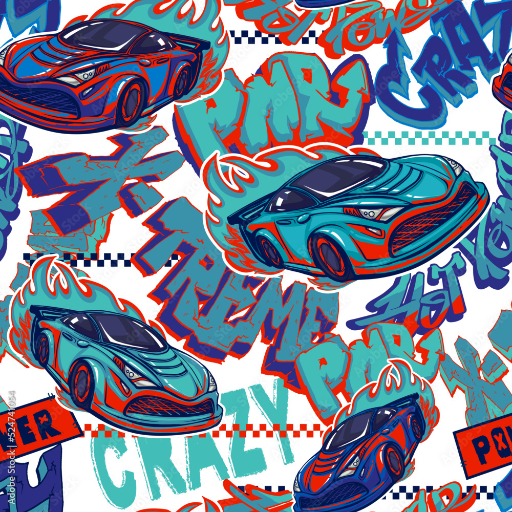 Seamless pattern with sport car and graffiti text. Modern speed