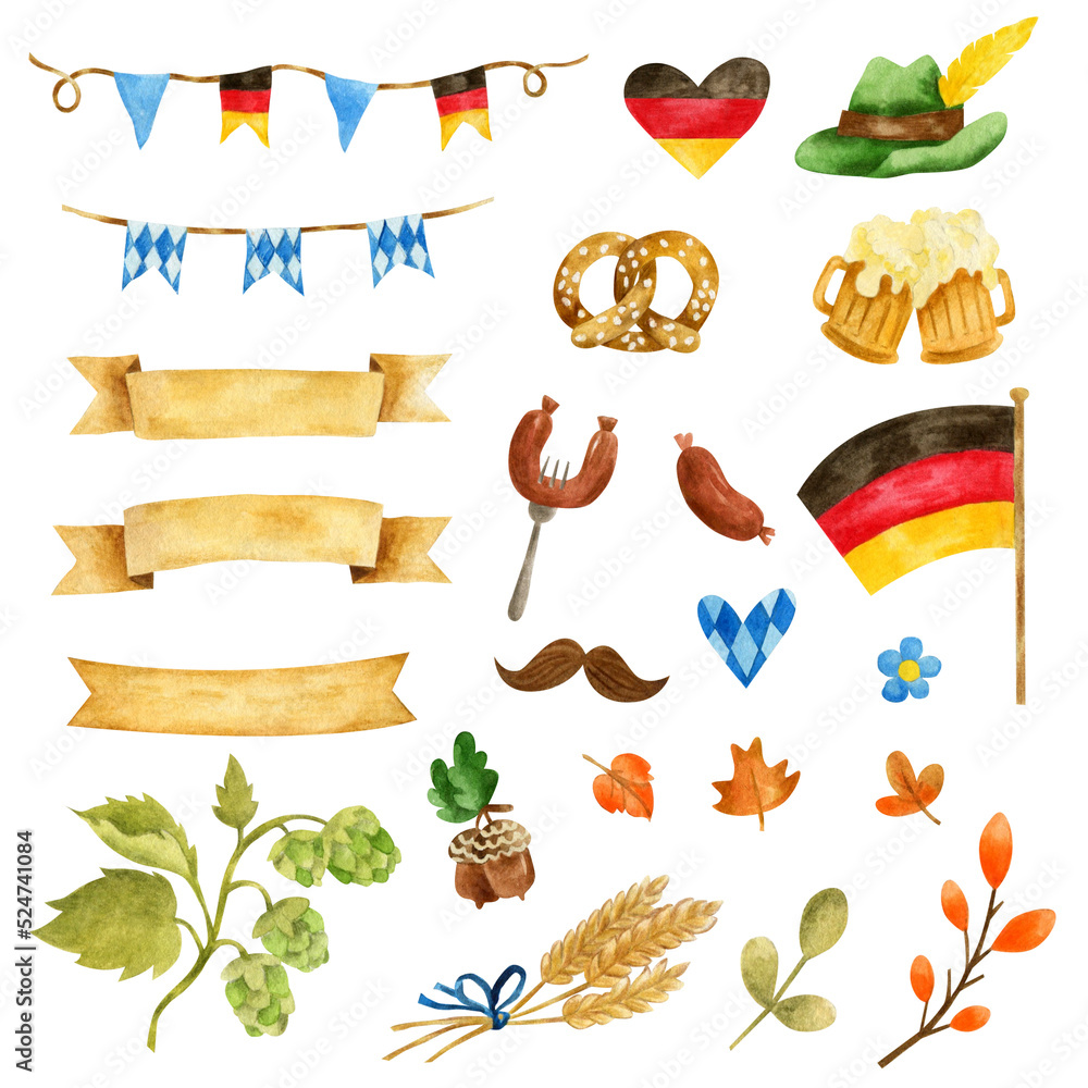 Watercolor set of October Festival elements - beer, pretzel, hops, wheat, flag of Germany, autumn leaves, hat, sausages. Germany elements.