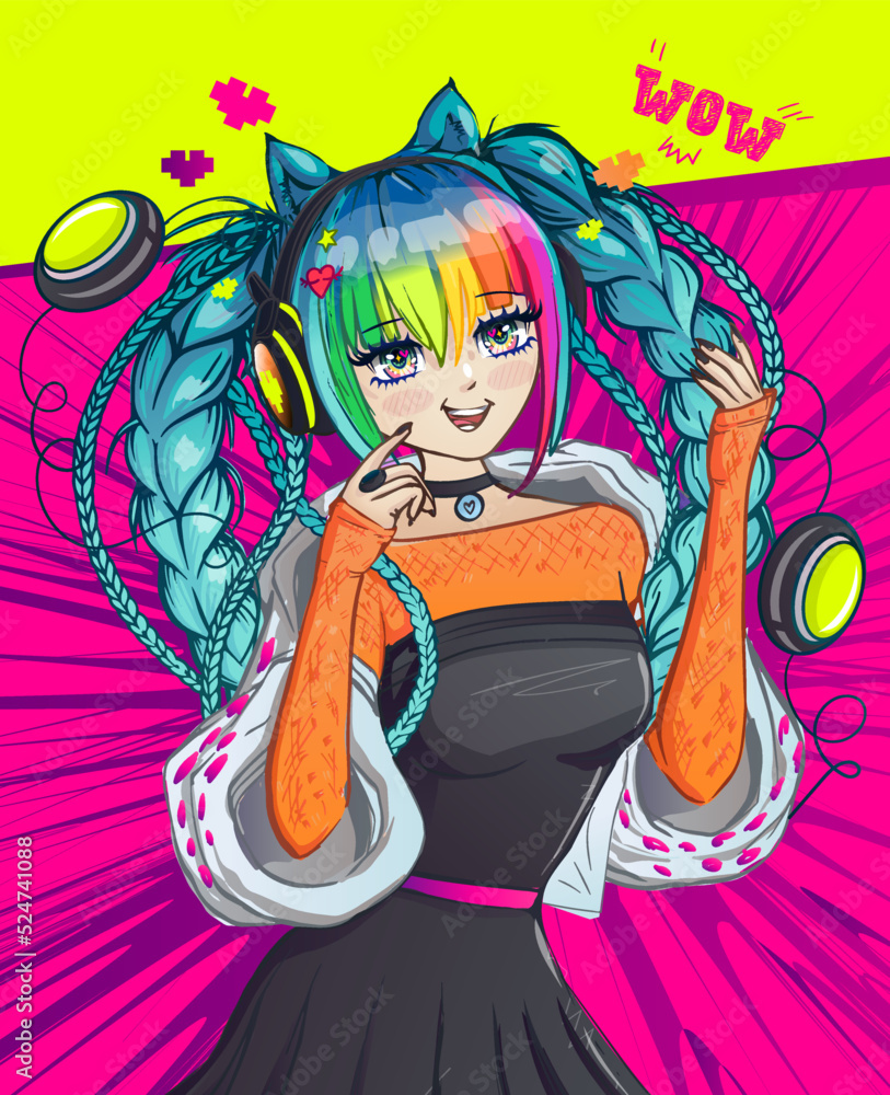 Anime girl with blue pigtails and rainbow bang, headphones and trendy  fashion clothes. Digital girlish illustration. Manga teenager listening  music. Asian school girl Stock Vector | Adobe Stock