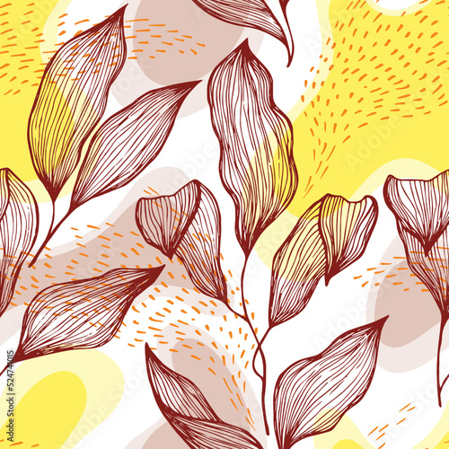 Sketch style doodle line texture leaves over stains and dots seamless vector ...