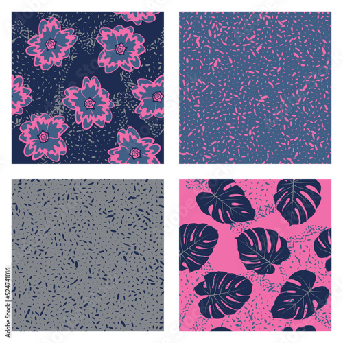 Grain texture and floral seamless pattern vector set. Botanical design of pri...